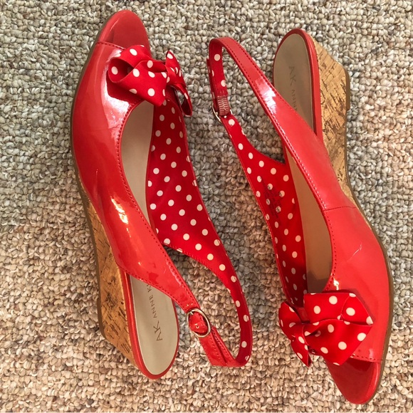 Anne Klein Red Patent Leather Polka- Dot Bow Cork Heel Sling back Flat - Picture 5 of 9